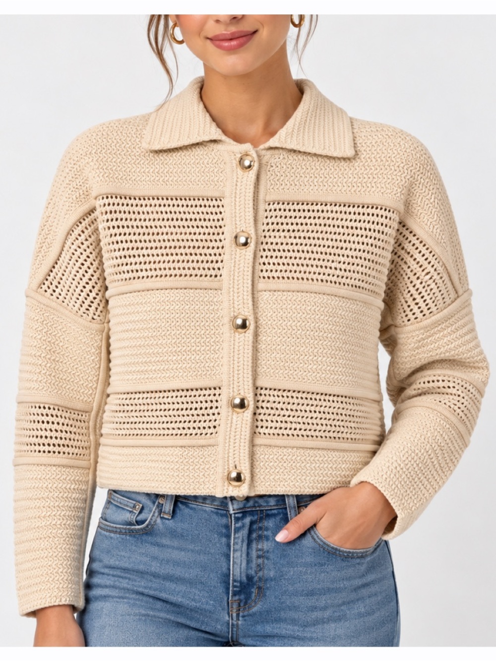 ba&sh Lady Cardigan Cream Ecru Open Knit Crochet Collared Sweater Women’s